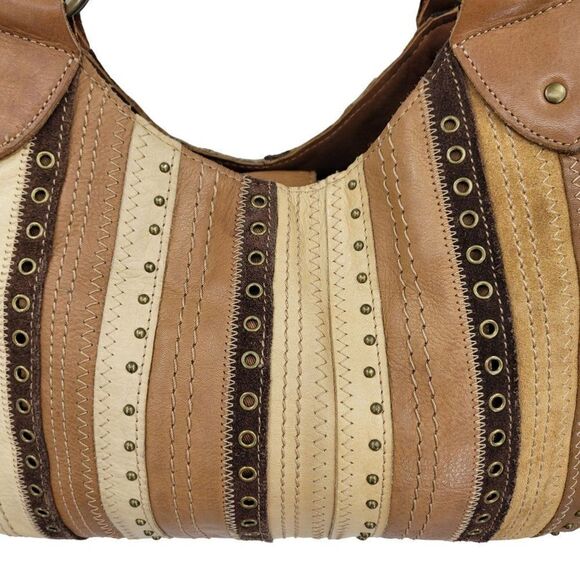 Vintage Fossil‎ Hobo Leather Patchwork Studded Embroidered Shoulder Bag Brown - Picture 5 of 15